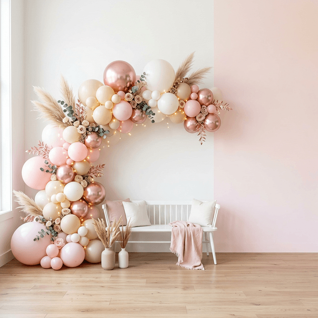 Premium balloon arch decoration with pastel pink, white, and rose gold balloons